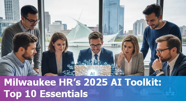 Milwaukee HR professionals reviewing top AI recruiting and people analytics tools on a laptop with city skyline in background