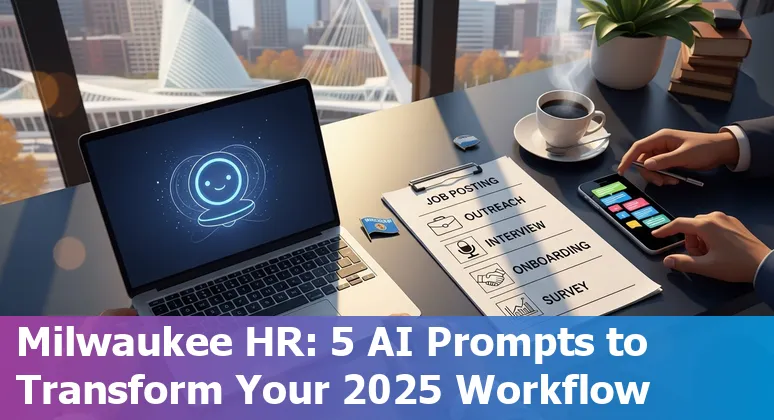 Milwaukee HR professional using AI on a laptop with city skyline and HR icons.
