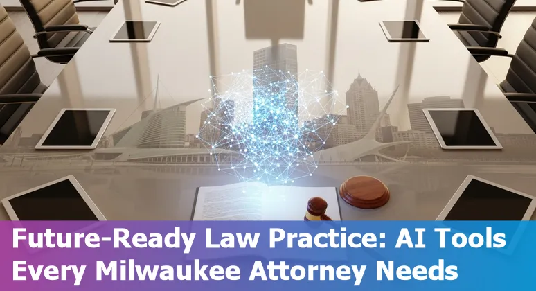 Milwaukee lawyer using AI tools on laptop with city skyline in background