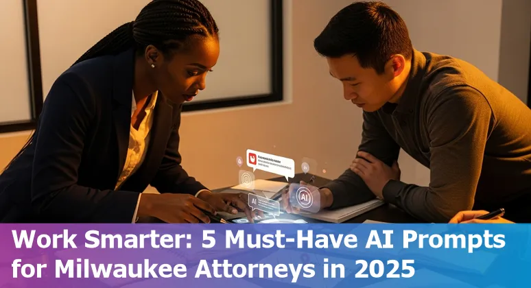 Attorney using AI prompts on laptop with Milwaukee skyline in background