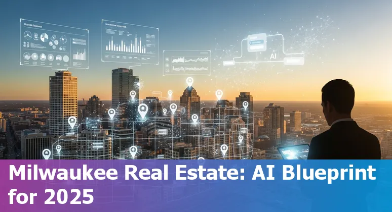 Milwaukee, Wisconsin skyline with real estate AI icons illustrating property listings and analytics in 2025