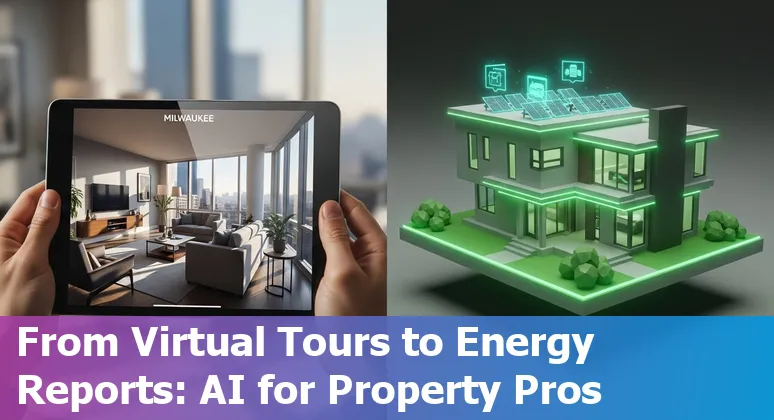 Milwaukee skyline with icons for AI, listings, virtual tours, and market charts