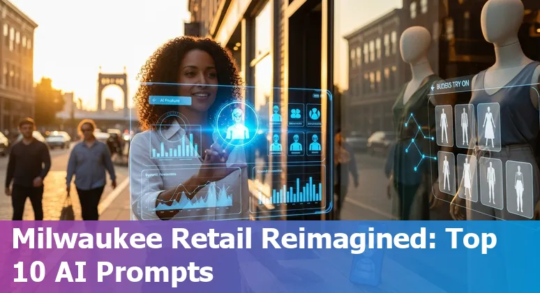 Milwaukee retail storefront with AI icons: virtual try-on, chatbots, inventory charts, and Summerfest banner.