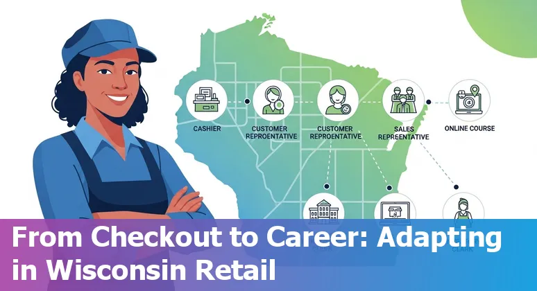 Milwaukee retail workers at a store counter with self-checkout kiosks and an AI training workshop poster