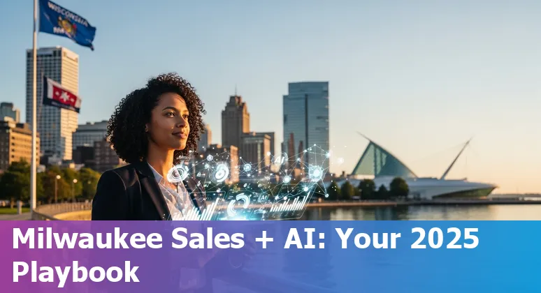 Sales professional using AI tools in Milwaukee, Wisconsin skyline background in 2025