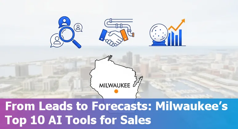 Milwaukee sales team using AI tools on laptops with Milwaukee skyline in background