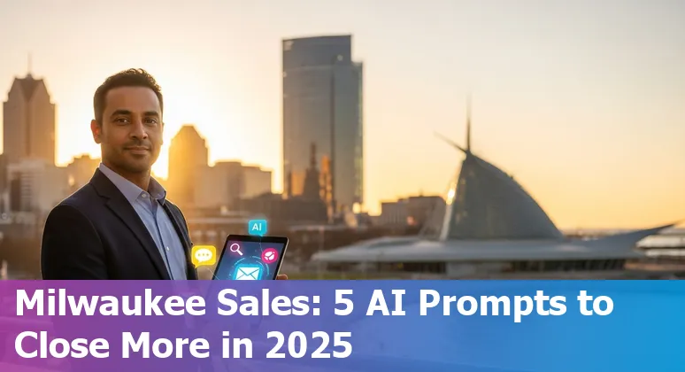 Sales professional using AI prompts on laptop with Milwaukee skyline in background