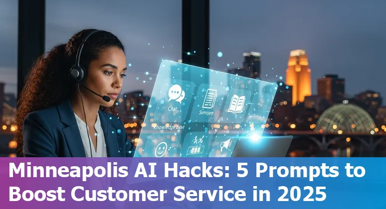 Customer service agent using AI prompts on a laptop with Minneapolis skyline in the background