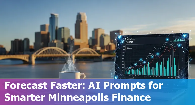 Finance professional in Minneapolis reviewing AI-generated forecast and investor update on laptop with city skyline in background