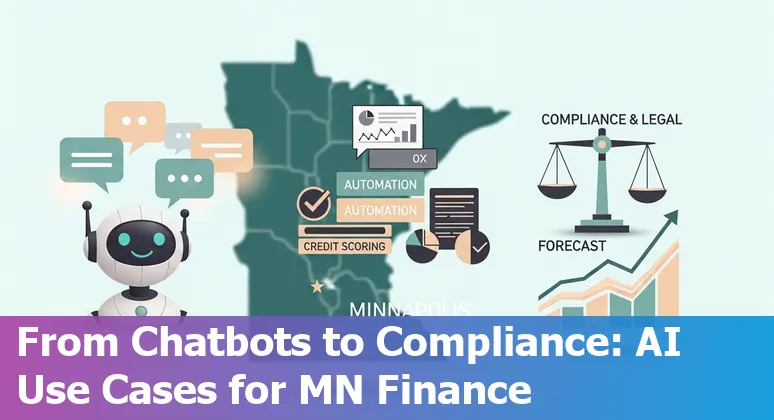 Minneapolis skyline with financial icons representing AI use cases like chatbots, fraud detection, and forecasting
