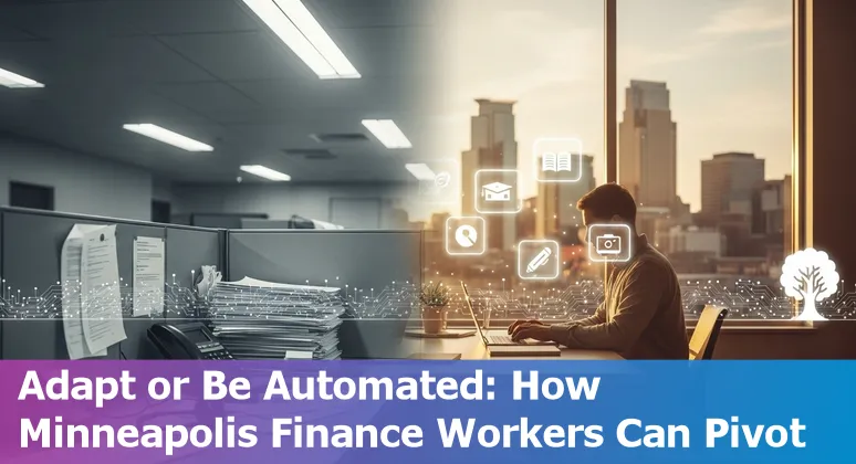 Minneapolis skyline with icons for contracts, credit, fraud, operations, and customer service connected by AI lines.