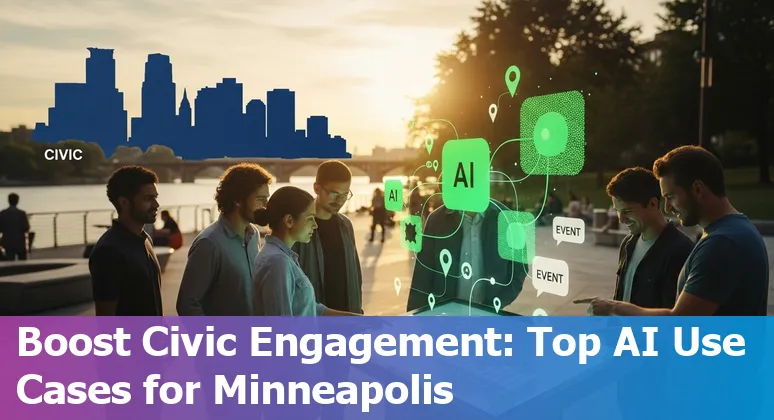 City staff using AI prompts on a laptop to plan neighborhood outreach in Minneapolis with Lake Harriet in the background