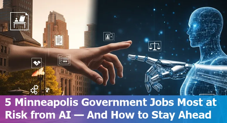 Minneapolis city hall worker at a computer with AI icons overlay, representing government jobs adapting to AI.