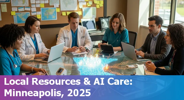 Healthcare AI roadmap graphic for Minneapolis, Minnesota showing hospitals, AI icons, and local landmarks