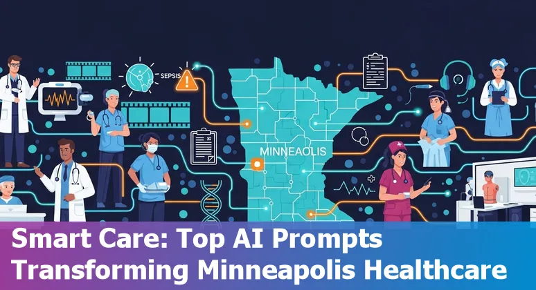 Healthcare professionals and AI tools overlay: radiology scans, EHR dashboards, virtual assistant icons representing Minneapolis healthcare AI uses.