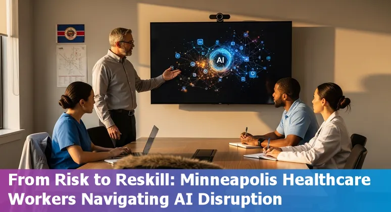 Healthcare worker using AI-assisted tools with Minneapolis skyline in background
