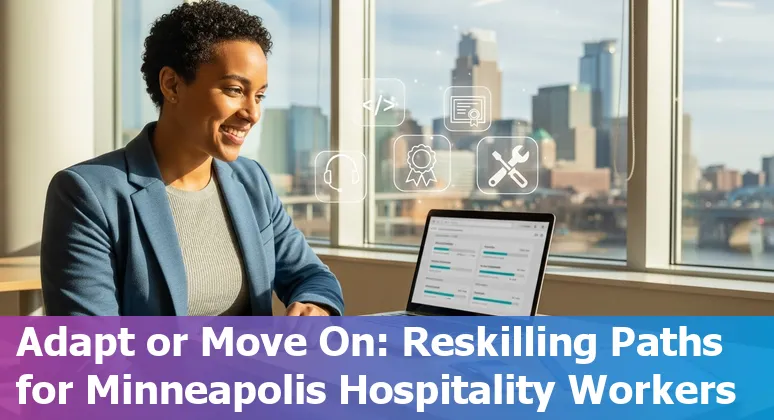 Hotel front desk with a human receptionist and an AI-powered self-check-in kiosk in Minneapolis skyline background