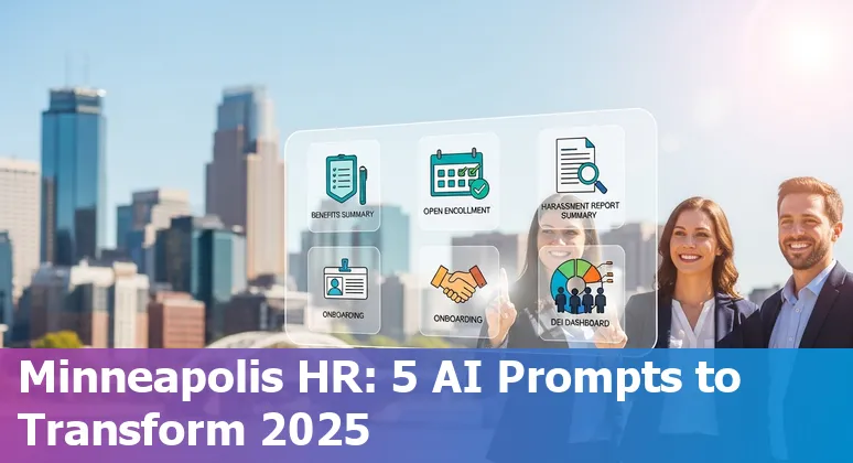 Minneapolis HR professional using a laptop with AI prompt examples on screen, skyline in background