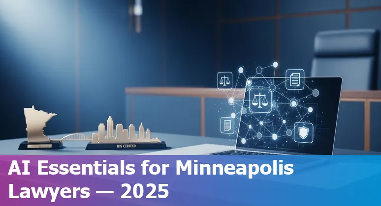 Group of lawyers in Minneapolis using AI tools on laptops, skyline visible through office window.