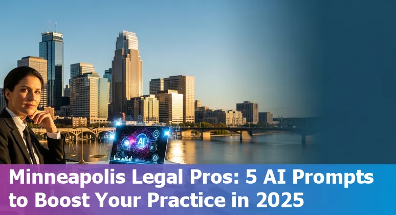 Attorney using AI on laptop with Minneapolis skyline in background, showing legal prompts on screen