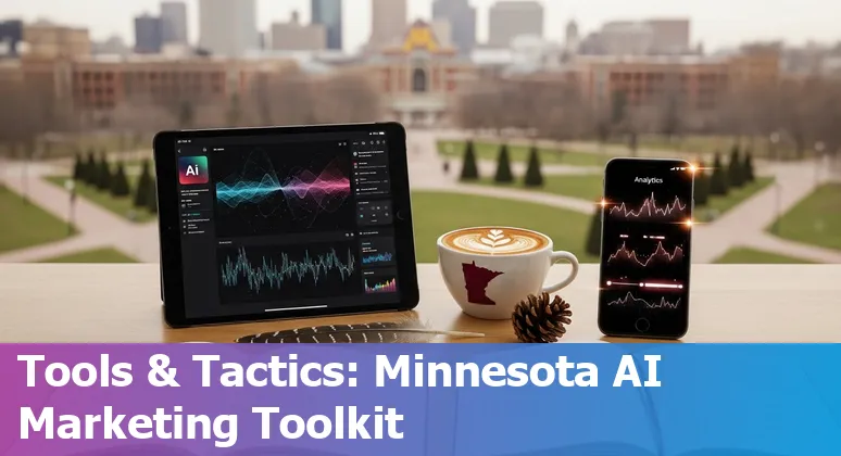Minneapolis, Minnesota marketer using AI tools for local campaigns with skyline in background