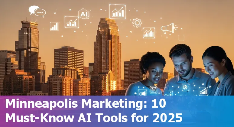Minneapolis marketer using AI tools on a laptop with city skyline in background