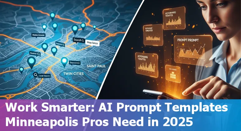 Marketing professional in Minneapolis using AI tools on a laptop with Twin Cities skyline in background