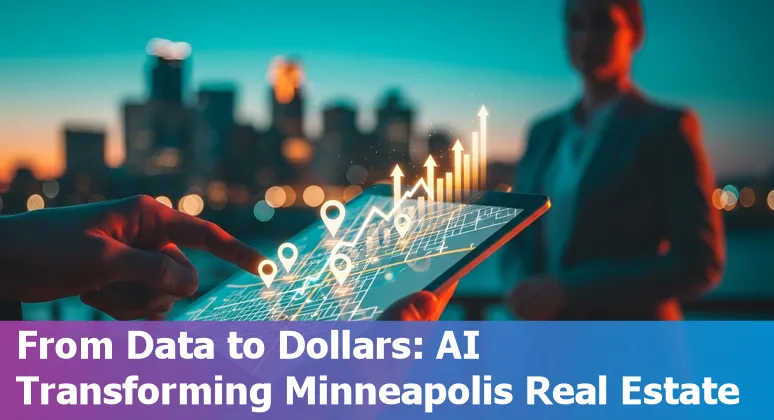 Minneapolis skyline with digital AI overlays showing energy, listings, and analytics for real estate in Minnesota