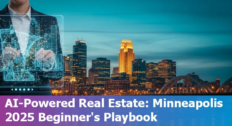 Minneapolis, Minnesota real estate agent using AI tools on a laptop with Minneapolis skyline in background