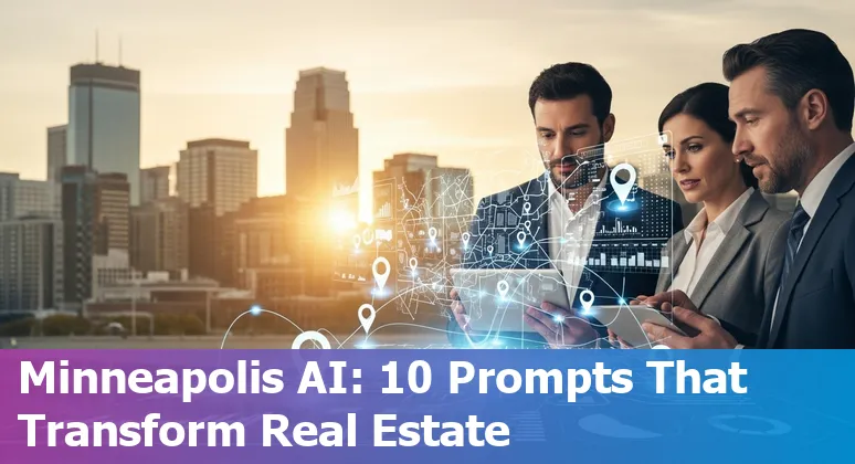 Minneapolis skyline with real estate AI icons and neighborhood labels (North Loop, Uptown, Linden Hills).