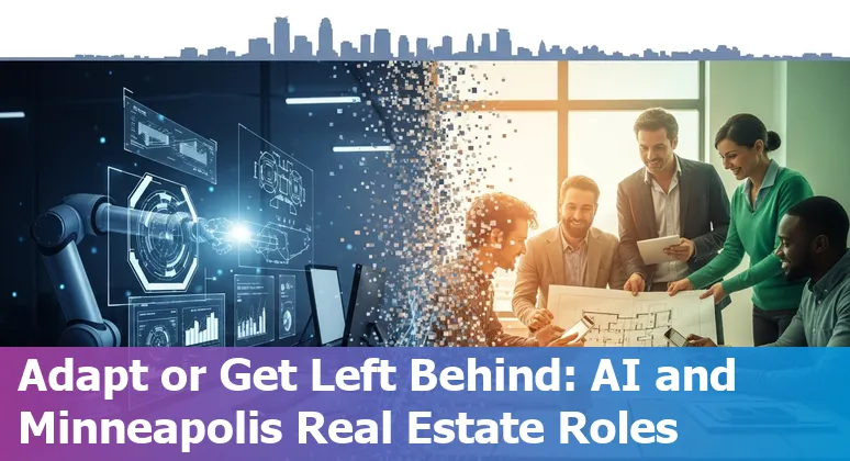 Minneapolis skyline with real estate icons and AI circuit lines representing real estate jobs adapting to AI.