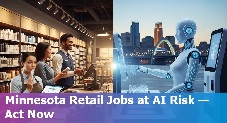 Retail worker using AI tools in a Minneapolis store, with skyline visible through storefront window.
