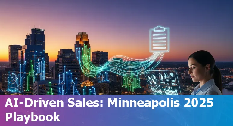 Sales professional using AI tools with Minneapolis skyline in Minnesota, US in 2025