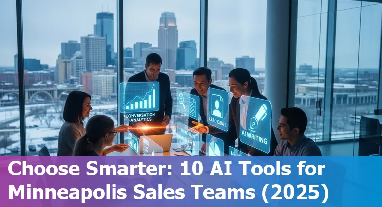 Sales professional in Minneapolis using AI tools on a laptop with Minneapolis skyline in the background.