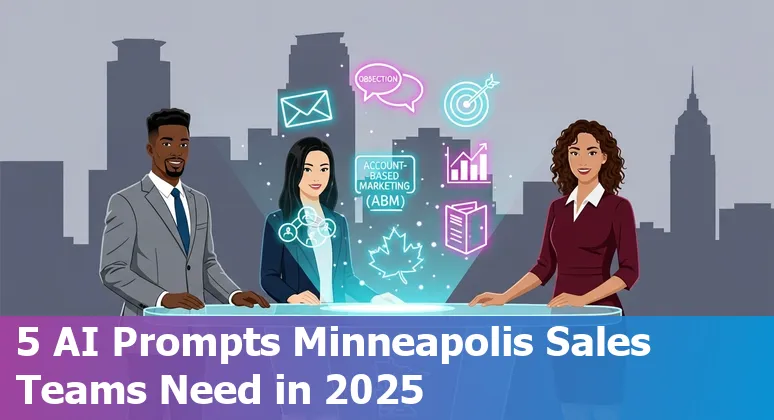 Sales professional using AI prompts on a laptop with Minneapolis skyline in the background.