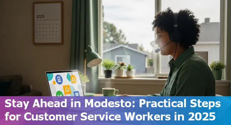 Customer service agent using AI tools in Modesto, California office — hybrid human-AI support in 2025