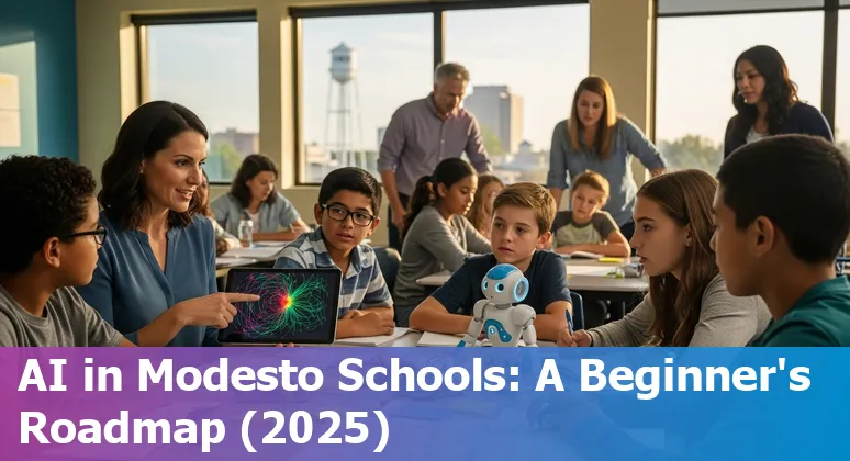 Educators discussing AI tools in a Modesto, California classroom with Modesto City Schools materials