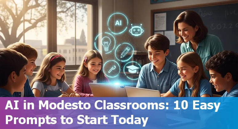 Teachers and students in Modesto using AI tools on laptops with district guidebook on a table