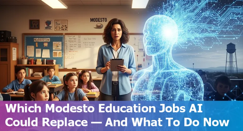 Teacher using AI tools in a Modesto classroom, showing digital lesson planning on a laptop with a skyline of Modesto in the background.