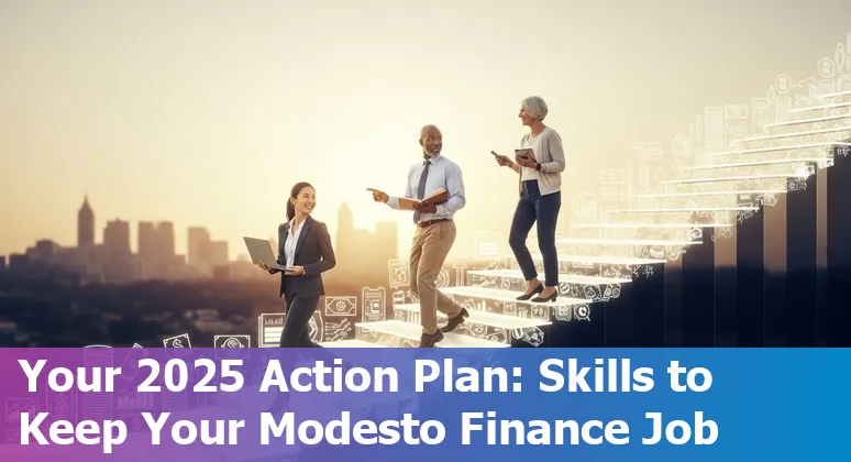 Finance professional using AI tools in Modesto, California—local skyline visible; image shows upskilling and hybrid human-AI work.