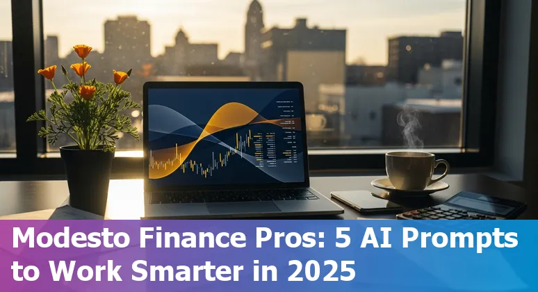 Finance professional using AI prompts on laptop with Modesto skyline and agriculture in background