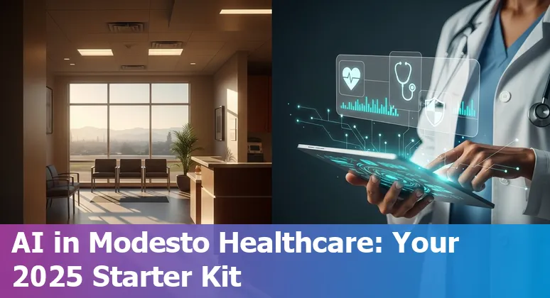 Healthcare AI concept with Modesto, California skyline and medical icons representing AI in Modesto, California 2025