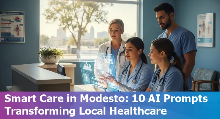 Healthcare worker using AI tools on a tablet with Modesto skyline in background