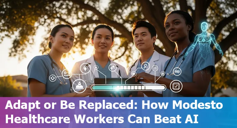 Healthcare workers in a Modesto clinic discussing AI tools and upskilling options.