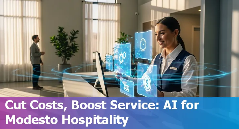 Hotel front desk with AI chatbot interface overlay in Modesto, California, US