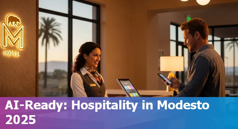 Hotel staff using AI-powered tablet at a Modesto, California hotel front desk, 2025 — AI in hospitality