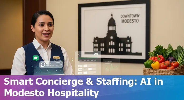 Modesto hotel front desk with AI icons: chatbot, pricing graph, maintenance wrench, and digital keys.
