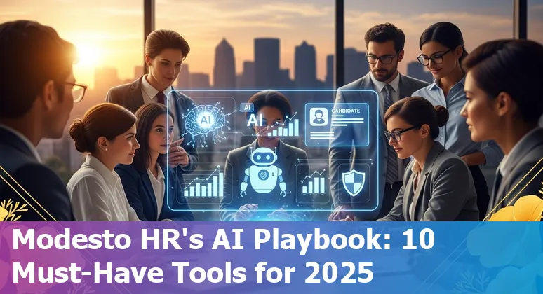 HR professional using AI tools dashboard with Modesto city silhouette and agricultural fields in background
