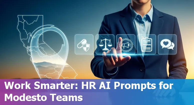 HR professional in Modesto using AI prompts on a laptop for benefits, recruiting, and L&D tasks.