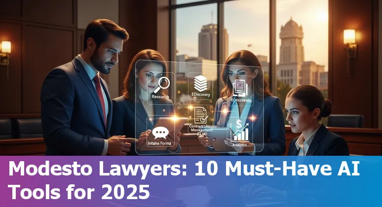 Modesto lawyer using AI tools on a laptop with legal documents and a city skyline in background